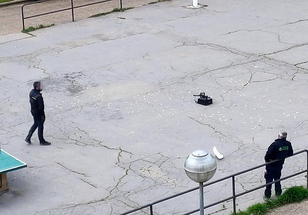 Operarios contratados por el Ayuntamiento colocan una trampa para palomas poco antes del ataque del vecino.