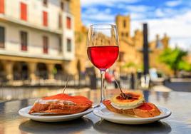 Desgustación de tapas con un rosado en la plaza Carlos III El Noble de Olite.