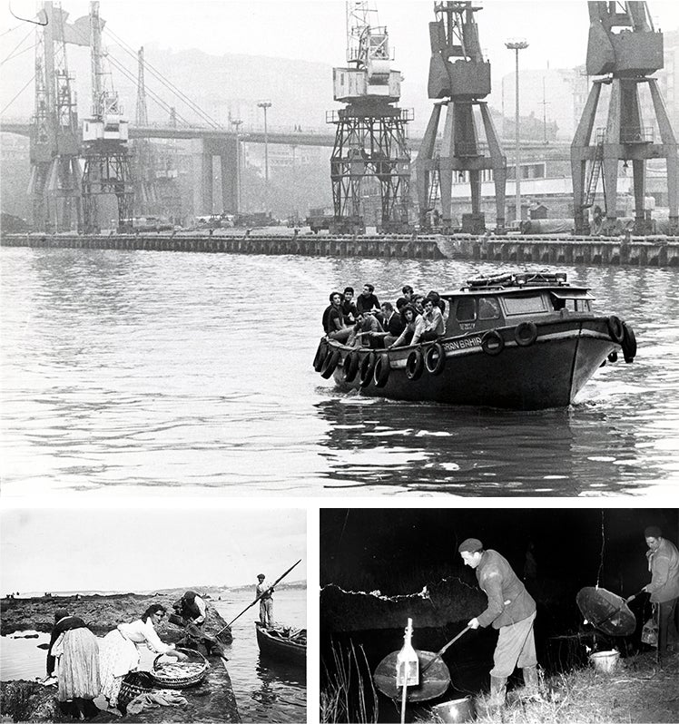 Arriba, jóvenes viajan en un barco con las fábridas de la Margen Izquierda de fondo; Sardineras en Santurtzi, a finales del siglo XIX; y un angulero en la ría, en 1957.