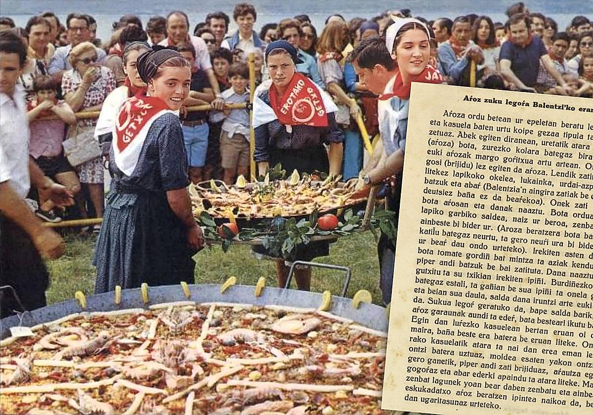 Postal del Concurso de Paellas de Getxo y receta del arroz a la valenciana de Julene Azpeitia (1925).