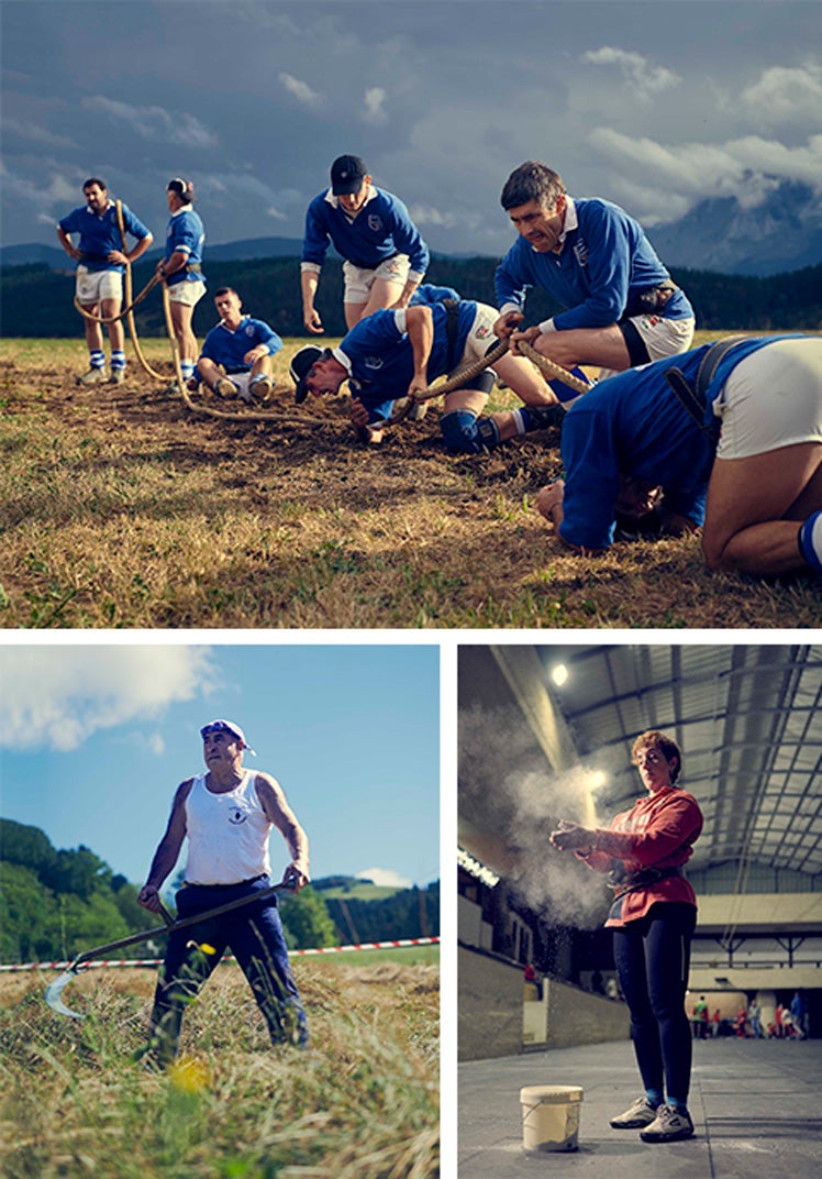 Akelarre Sokatira Taldea; Pabi Astondoa, campeón del mundo de siega; y Nerea Egurrola, que tiene la marca de 86 clavos con las txingas de 25 kilos.