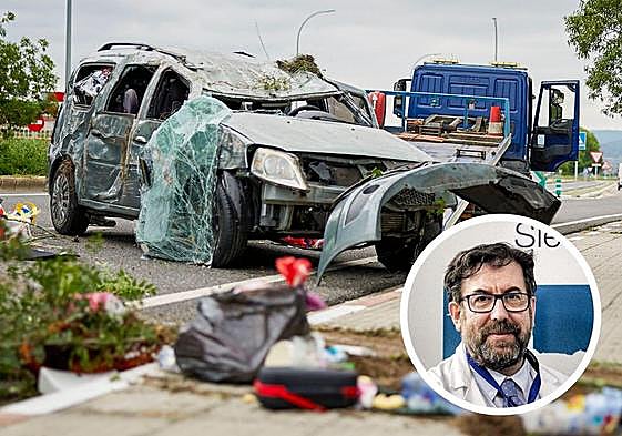 Un accidente en el que un vehículo colisionó con la mediana central y, en detalle, el Jefe de Servicio de respiratorio y de la Unidad de Sueño de la OSI Araba de Vitoria, Carlos Egea.