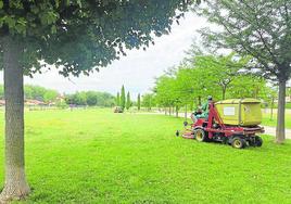 Trabajadores de Viveros Perica, cortando el césped de los jardines.