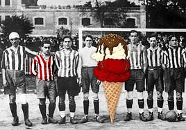 Laca (con camiseta de color) junto al resto del equipo en el campo de San Mamés. Final de Copa 1921.