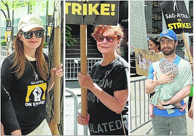 A la izqueirda, Julianne Moore con una camiseta del sindicato de artistas SAG-AFTRA. En el centro, Susan Sarandon. Y a la izquierda, Daniel Radcliffe, protagonista de la saga Harry Potter.