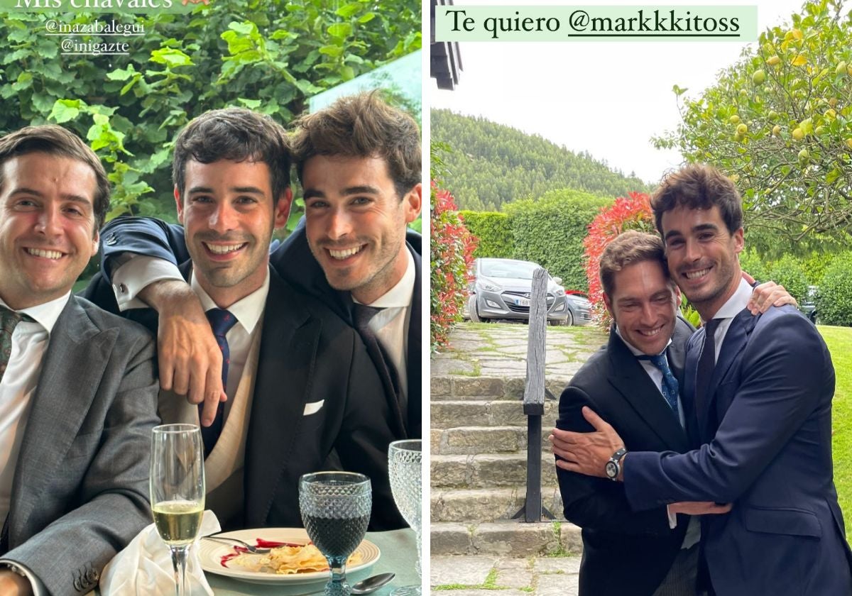 Luis Zamalloa en dos momentos de la celebración, con sus amigos y con el novio.