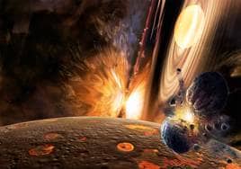 El sistema solar primitivo con los planetesimales colisionando entre sí y con los planetas en formación en una imagen portada de 'Scientific American' (2008).