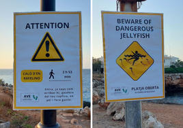 Dos de los carteles que han puesto en varias playas de la isla.