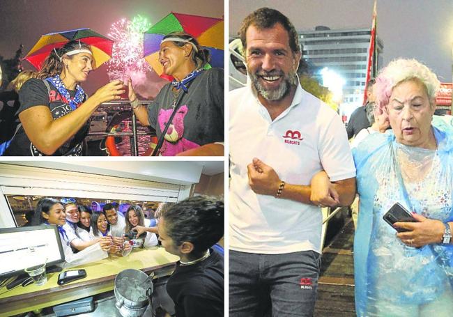 Arriba a la izquerda, Virginia Gutiérrez y Cristina Santiago, de Arcentales, brindan bajo la luz de los fuegos. Debajo, Alicia Álvarez sirve unos chupitos a un grupo que celebra la despedida de soltero de Dixon Martínez, con gafas en la cabeza. A la derecha, en torno a sesenta personas hicieron cola en el muelle de Ripa antes de embarcar en el 'Ibai Eder'.