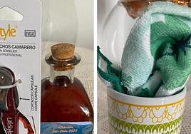 Botella de vino y taza con una bayeta, regalos para los mayores en Albóndón.