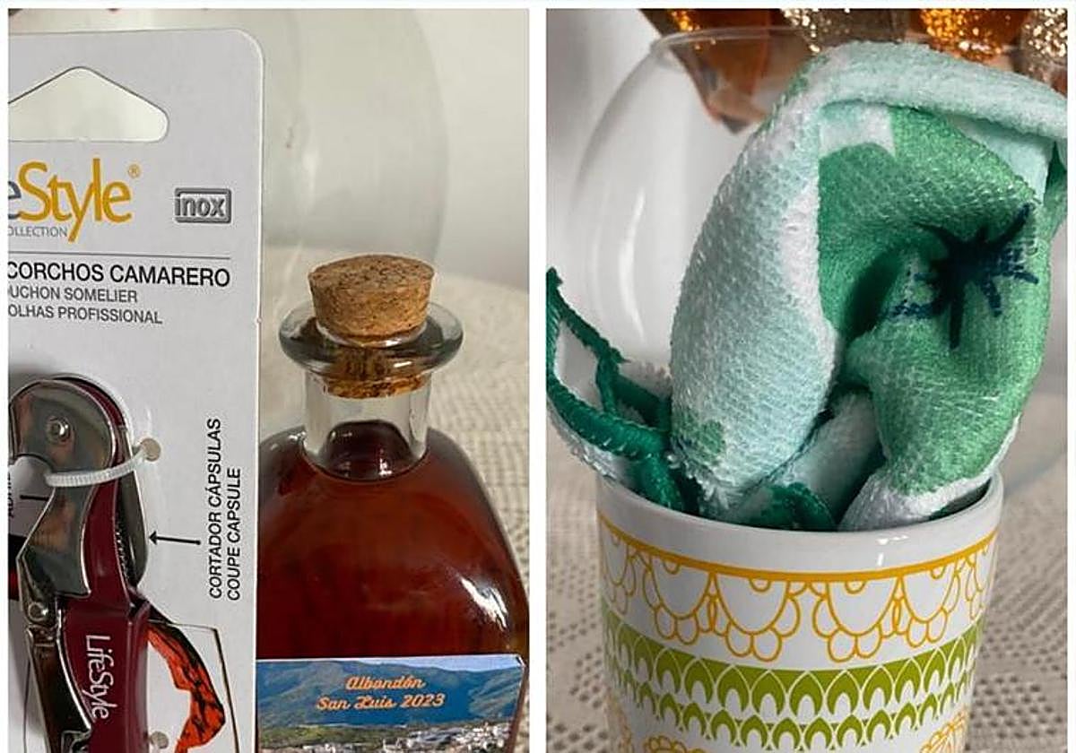 Botella de vino y taza con una bayeta, regalos para los mayores en Albóndón.