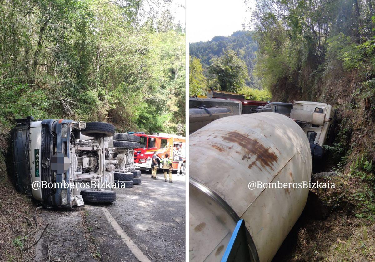 Estado en el que quedó la hormigonera siniestrada en Sopuerta.