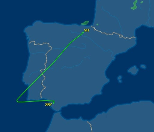 La ruta del vuelo, desviado al aeropuerto de Jerez (con código XRY).