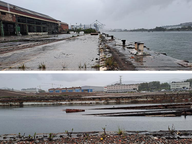 Arriba, los muelles abandonados y, abajo, las rampas del astillero vacías no hacen justicia al pasado de La Naval, cuando la actividad en esta explanada era frenética.