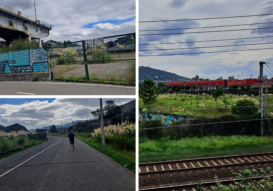 A la izquierda, una valla en la zona del antiguo cargadero nos obliga a tomar una carretera alejándonos de la orilla y mostrándonos unos terrenos casi abandonados, salvo por los 'plumeros de la pampa'. A la derecha, el lugar donde Valladares abandonará su recorrido.