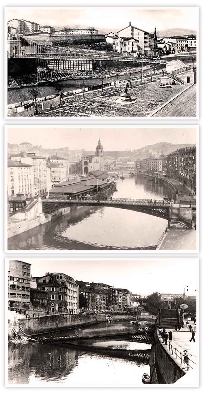 Arriba el primer puente colgante de Bilbao. En medio, el llamado Puente de Hierro, que le sustituyó, y debajo, este mismo derruido en la Guerra Civil.