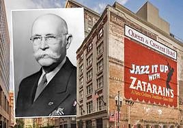 Mural publicitario de Zatarain's en Nueva Orleans y fotografía de su fundador.