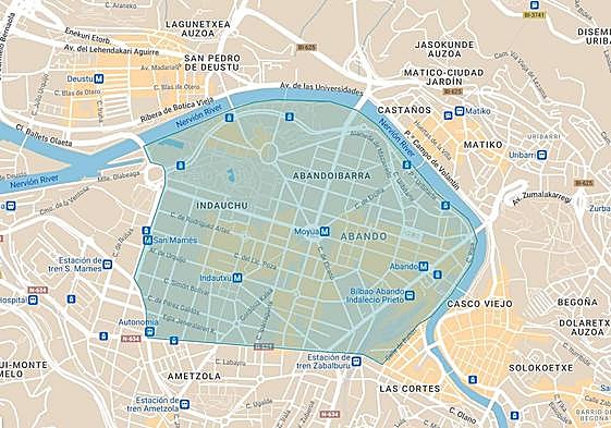 Espacio que ocupará la zona de bajas emisiones, en el centro de Bilbao.