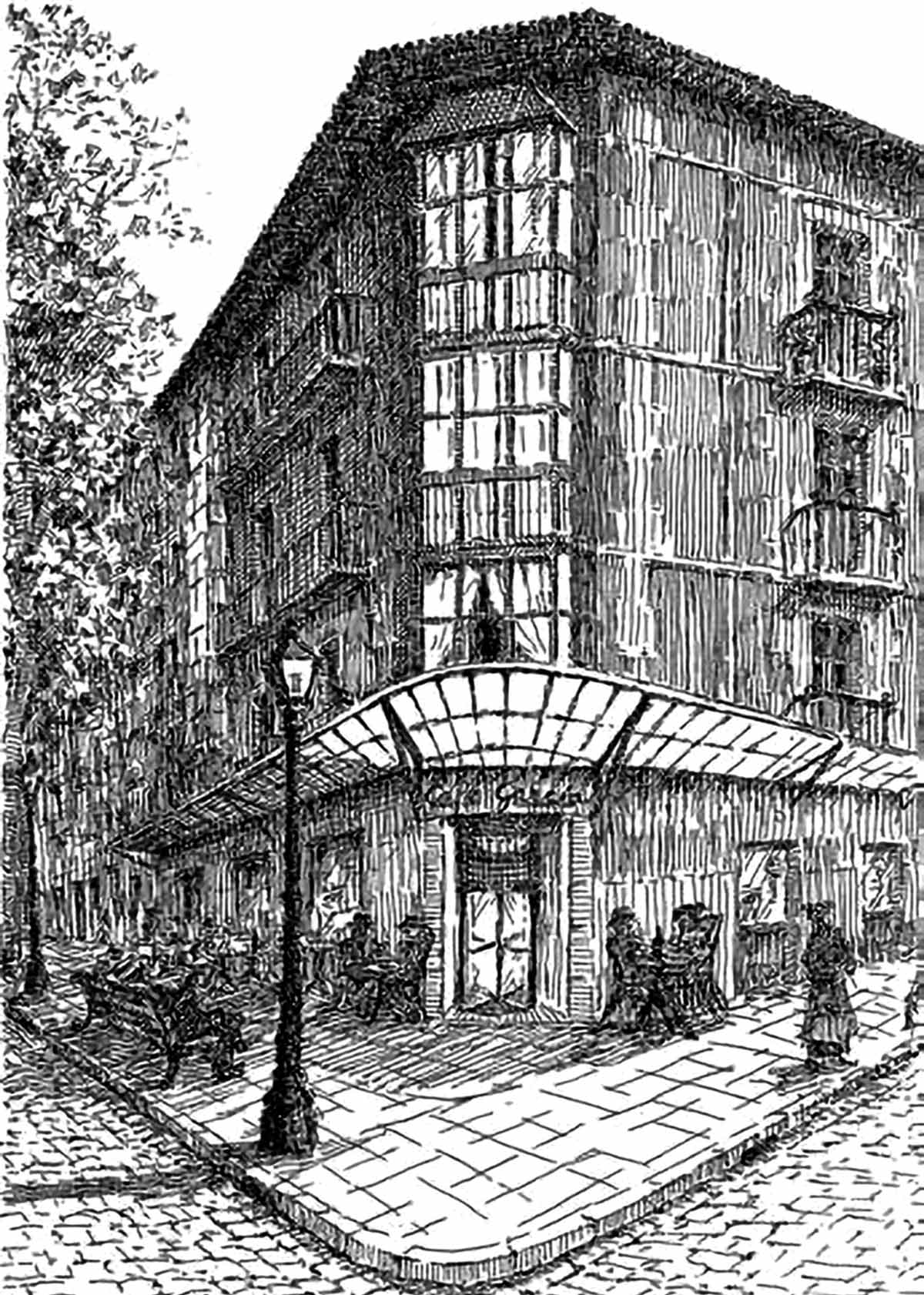 La cuna rojiblanca. Ilustración del Café García, que cerró en 1918. Hacía esquina entre la Gran Vía y la calle Berastegi.