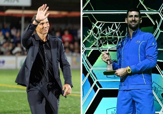 A la izquierda, Rafa Nadal en su última aparición pública, el 31 de octubre en el Manacor - Las Palmas de Copa. A la derecha, Novak Djokovic posa este domingo con el trofeo de su Masters 1000 número 40, récord mundial.