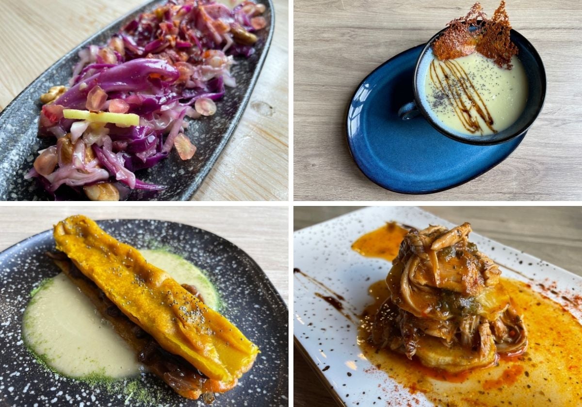 Platos saludables. Ensalada de col, la crema de puerro, las pencas de acelgas y el timbal de pollo