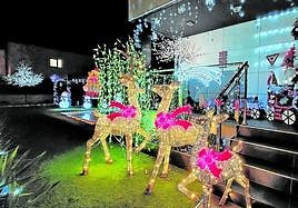 El jardín de Iratxe España y Aitor Hernández, en su casa de Gorostiza, cuenta con varias figuras y luces.