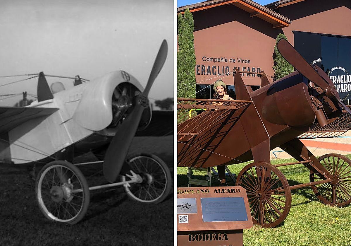 El avión original construido por Heraclio Alfaro en 1914 y la réplica realizada por el Aeroclub Vitoria e instalada en la bodega riojana.
