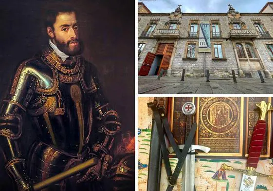 Retrato de Carlos V, el palacio de Montehermoso, donde se cree que se alojó en Vitoria y documentos junto con una réplica de su espada.