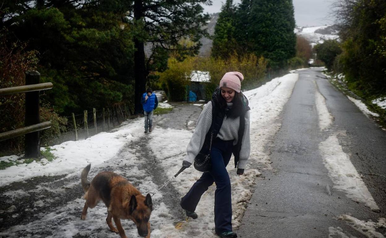 Una joven pasea a su perro esta mañana por La Arboleda.