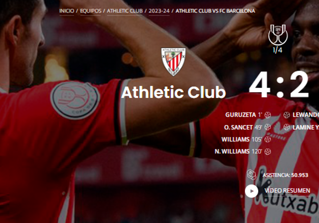 El encabezado de la crónica en la web del Athletic.