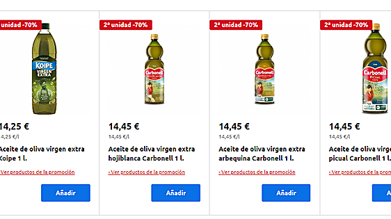 Los cuatro aceites de oliva virgen extra con la segunda unidad a cuatro euros el litro