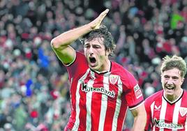 Unai Gómez celebra su gol contra el Las Palmas.