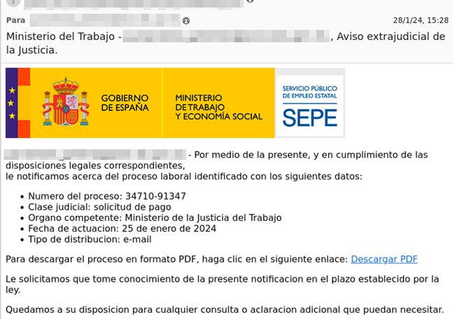 Captura de pantalla del mail fraudulento.