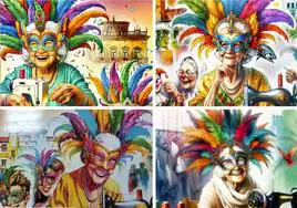 Los carteles ganadores de los concursos de Carnavales 2024 de Irún, Sestao, Pedro Muñoz y Barbadás, firmados por Rubén Lucas García.