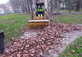 Un operario recoge las hojas acumuladas en un parque de Vitoria.