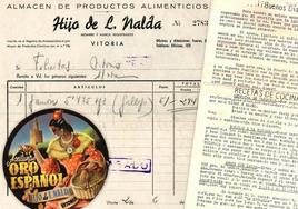 Factura de Hijo de L. Nalda (1954, Fundación Sancho el Sabio), etiqueta y folleto de 1965 (Cofradía del Cocido Vitoriano).