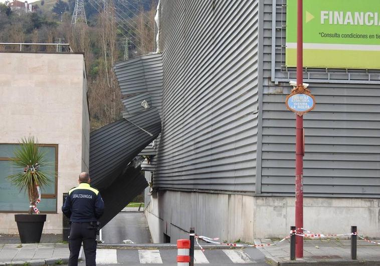 El viento arranca una fachada en el Leroy Merlin de Barakaldo y tira varios árboles en Bizkaia