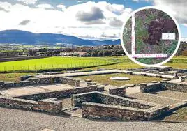 Vista del mercado o macellum en el yacimiento arqueológico de Iruña Veleia y, en detalle, uno de los agujeros presuntamente realizados por detectoristas.