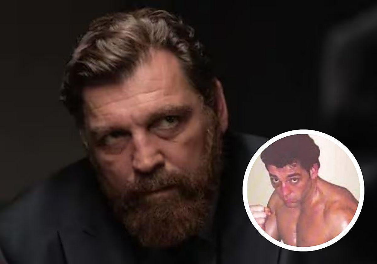 Keuchkerian, en una escena de 'La Dama Roja', con una foto de su etapa como boxeador.