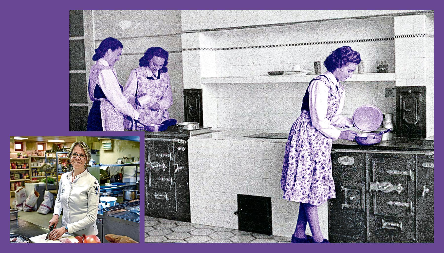 Imagen - El aprendizaje de la cocina doméstica era una de las misiones que asumía la Sección Femenina; aquí en el Colegio de la Vera Cruz, en 1948, con cocinas económicas.
