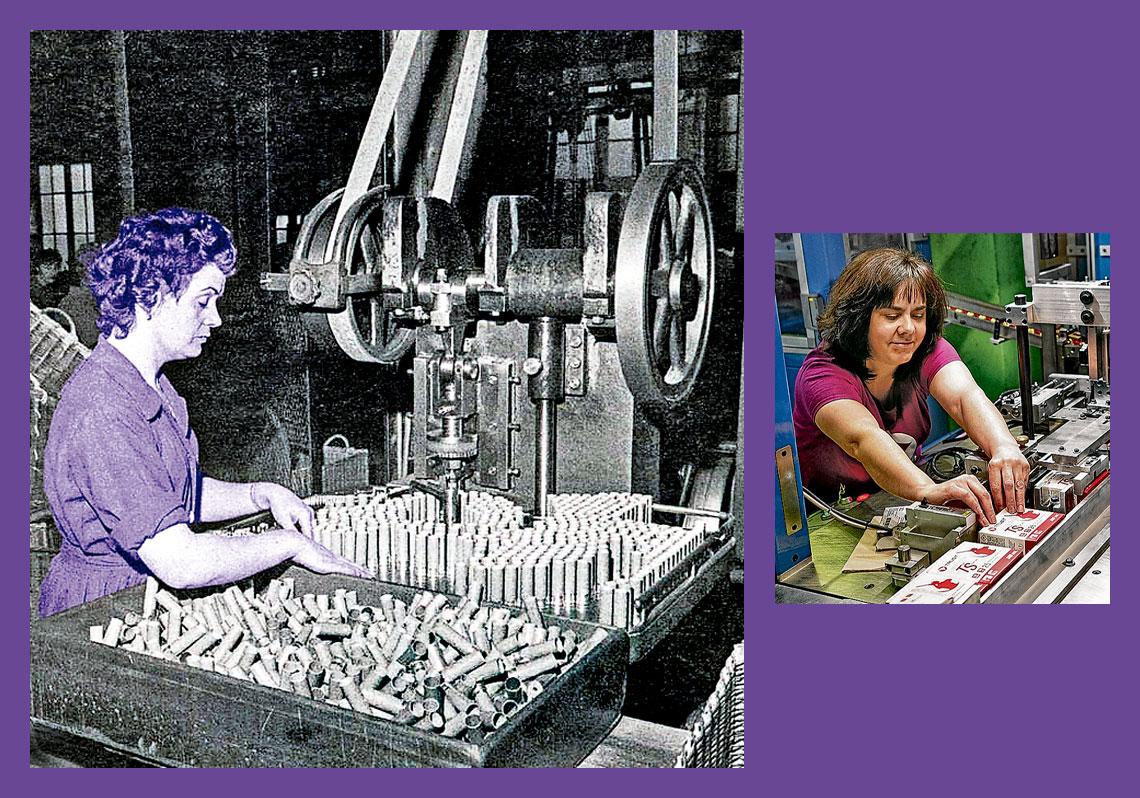 Imagen - Obrera de la fábrica de cartuchos Orbea de Vitoria-Gasteiz en 1964. Debajo, Maite Ferreira, de la empresa Trust, en Eibar.