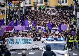 La cabecera de la manifestación avanza por la calle Paz de Vitoria.