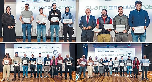 Arriba, Ainhoa Pereita con los ganadores en la categoría de 16-17 años, del instituto Ekialdea. A la derecha, los vencedores de más de 18 años, del Instituto Agrario Arkaute. Debajo, representantes de los centros finalistas posan con sus placas junto a Aintzane Arrese. A la derecha, los diez profesores de los centros finalistas acompañados por María Goti.