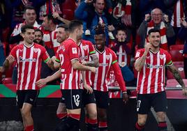 Prados, Guruzeta,, Yeray, Nico y Yuri celebran uno de los goles logrados en San Mamés.