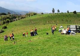 Escolares de Sestao han ayudado a plantar los primeros retoños de roble en el parque de Ondejeda.