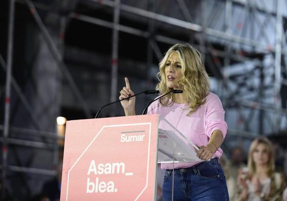 La ministra de Trabajo y Economía Social, Yolanda Díaz, durante su intervención en la asamblea fundacional de Sumar.
