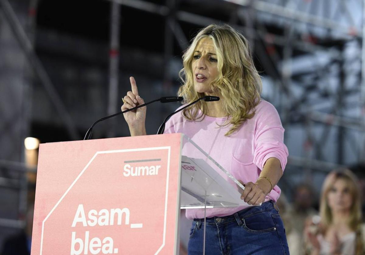 La ministra de Trabajo y Economía Social, Yolanda Díaz, durante su intervención en la asamblea fundacional de Sumar.