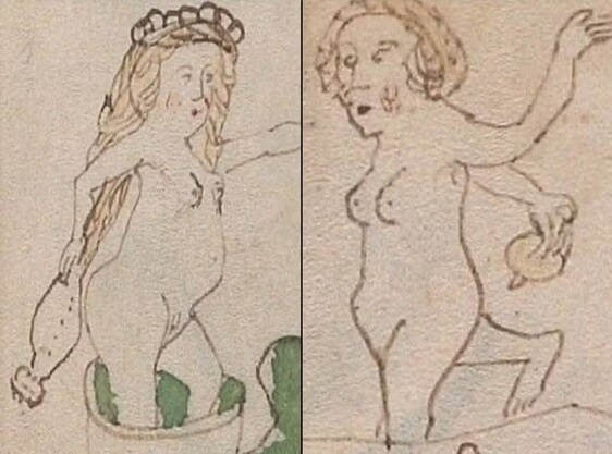 Una ilustración del manustrico 'Voynich' en el que se ve a dos mujeres desnudas.