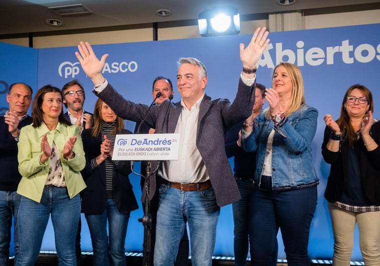 El candidato del PP a lehendakari, Javier de Andrés, saluda a sus simpatizantes junto a sus compañeros de lista y Carlos Iturgaiz, expresidente autonómico de la formación.