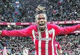 Nico Williams celebra un gol en San Mamés.